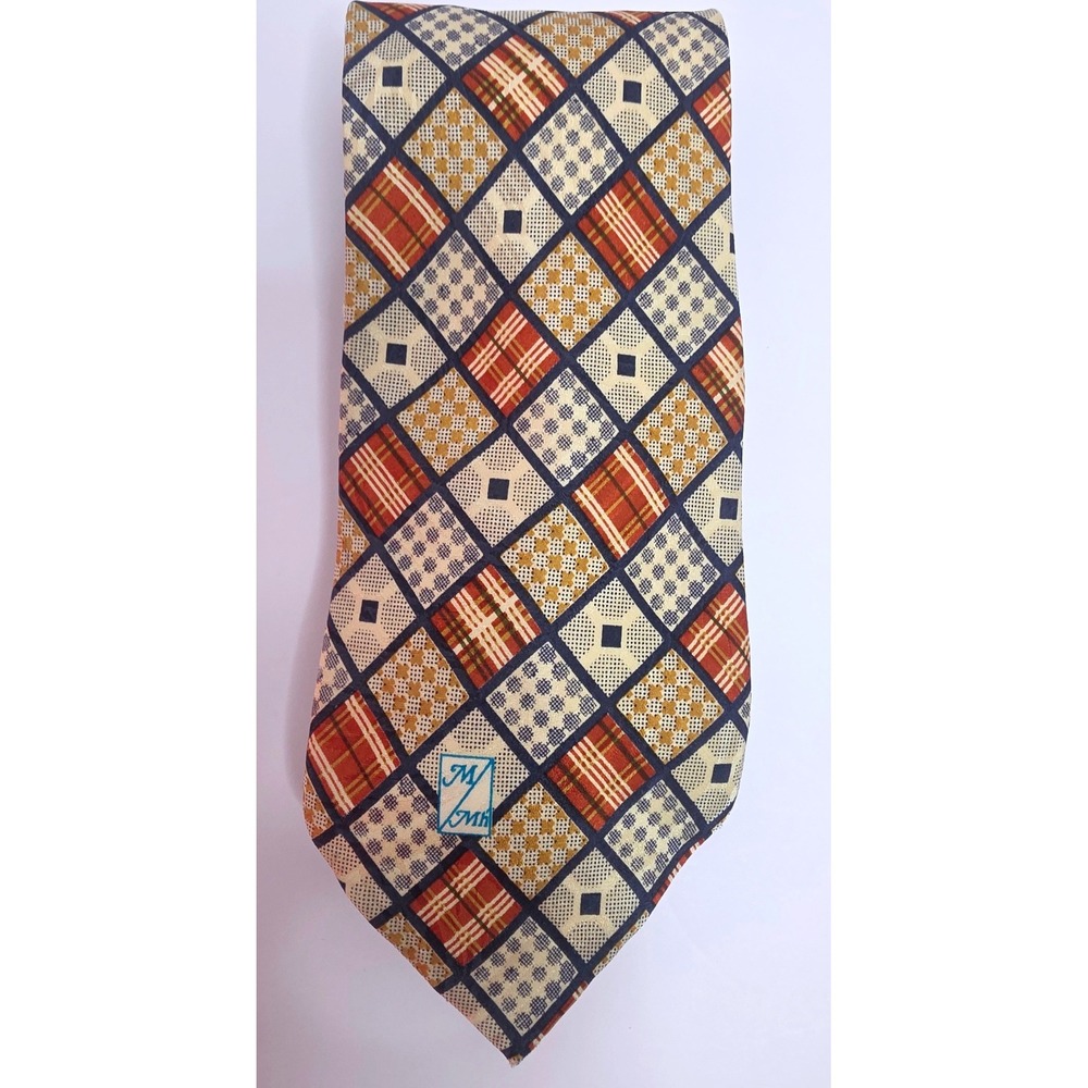 Martine Mahe'‎ Paris Geometric Patchwork Plaid Tie Tan Navy Rust